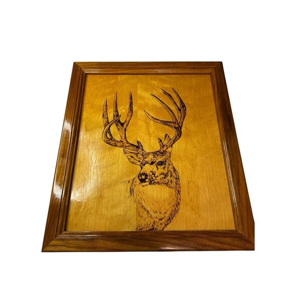 Vintage Wood Burning Deer Buck Rustic Wood Gallery Art Cabin Pyrography 20x18 - Picture 1 of 6